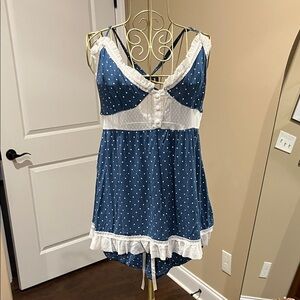 Tart Intimates Blue Polka Dot Nightgown with Sheer Trim. Drawstring Waist